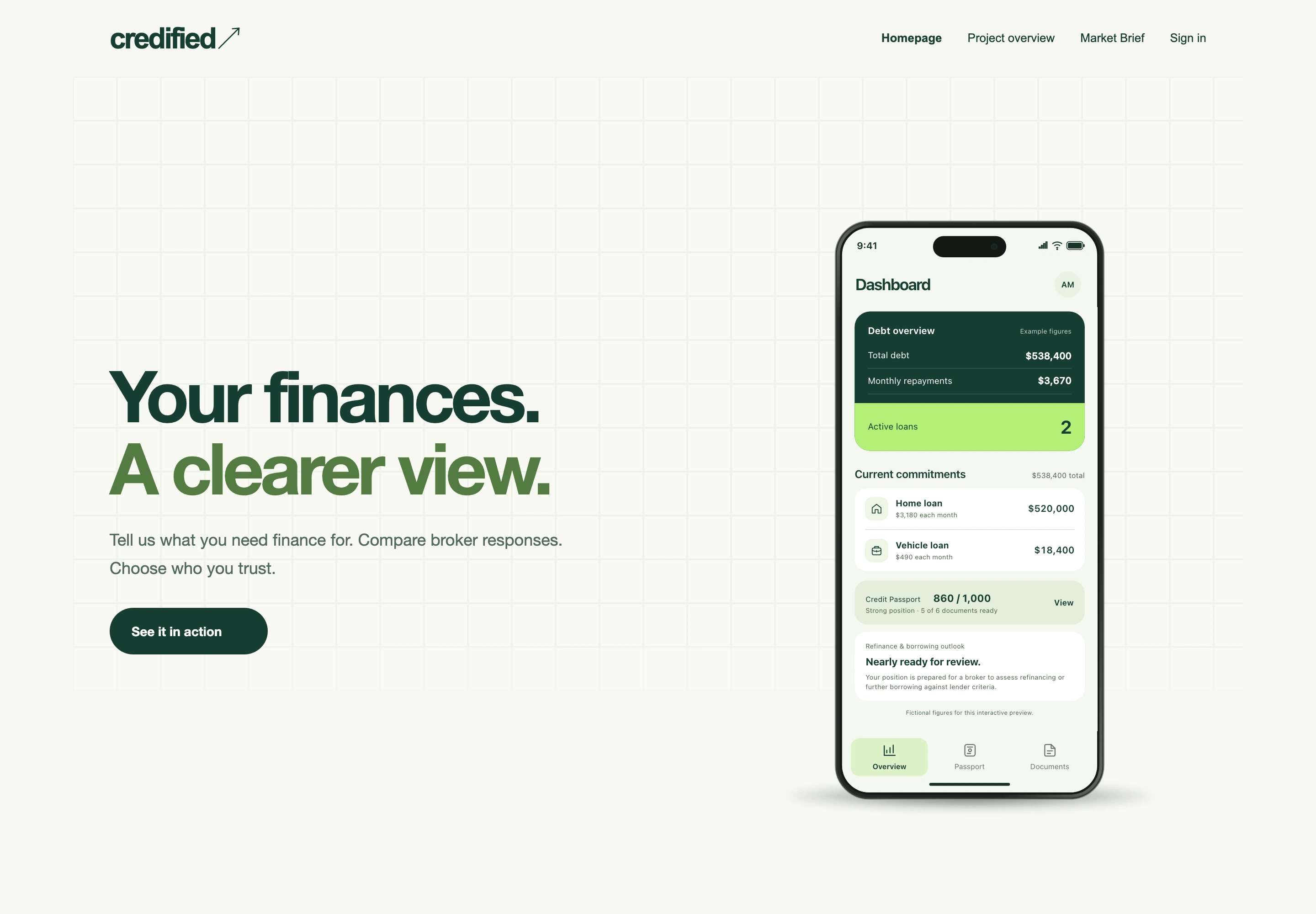 Credified homepage with the Your finances, A clearer view headline and phone dashboard